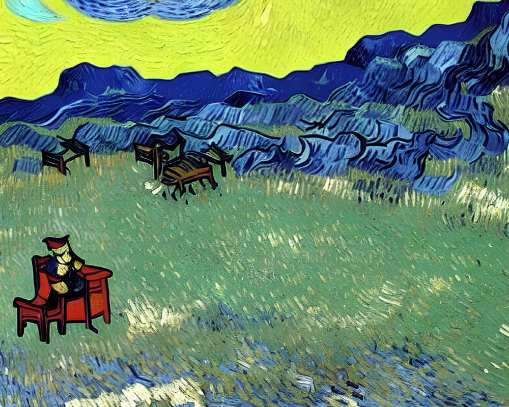 Whimsical artwork with swirling skies, mountains, a dog in a hat, and a red chair