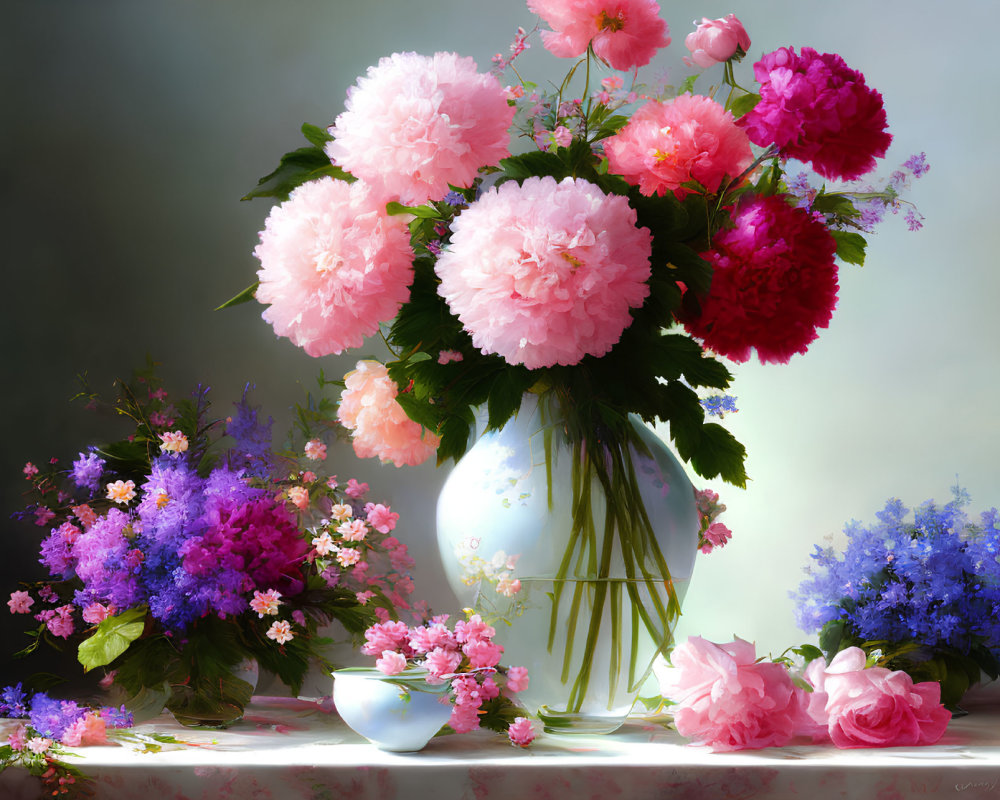 Colorful Still-Life Painting of Pink Peonies and Flowers on Table