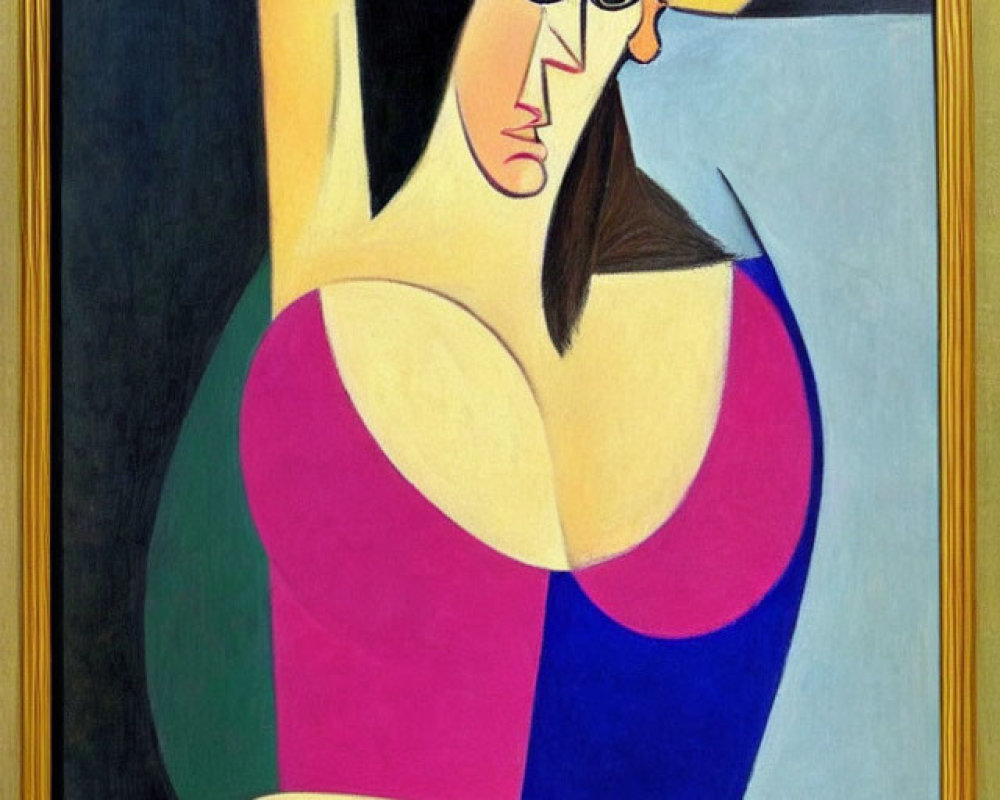 Abstract geometric face painting of woman in pink and blue attire