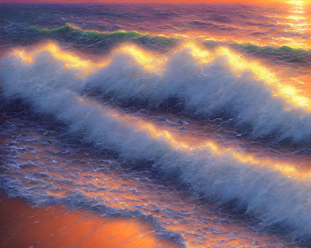 Vibrant sunset over ocean waves on sandy beach