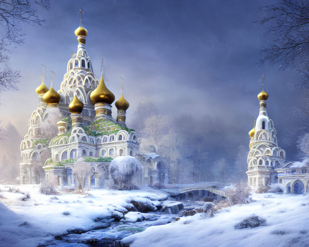 Snow-covered cathedral with onion domes in wintery forest beside stone bridge and twilight sky