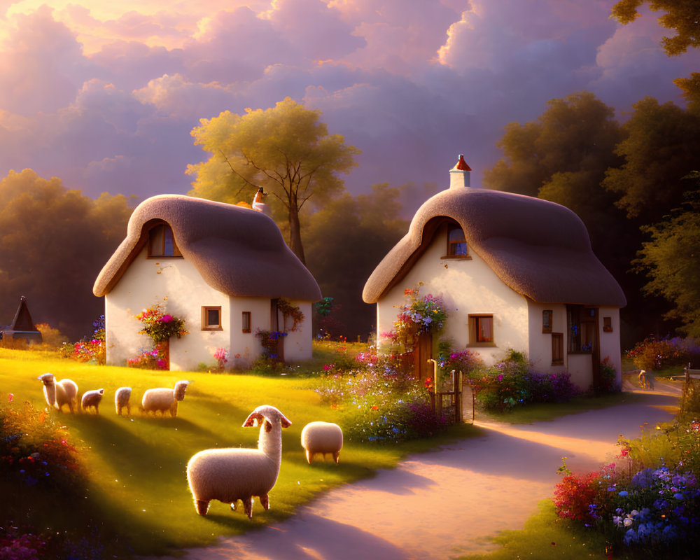 Rural scene: Thatched-roof cottages, sheep, and vibrant flowers at sunset