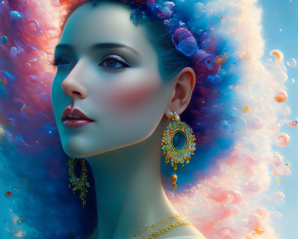 Colorful portrait of woman with vibrant hair and gold jewelry in pastel nebulous setting
