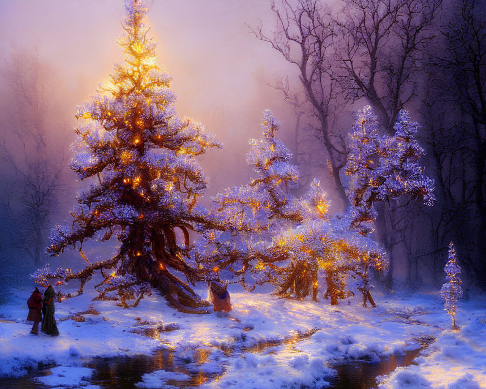 Snow-covered ground and illuminated trees in misty winter forest scene