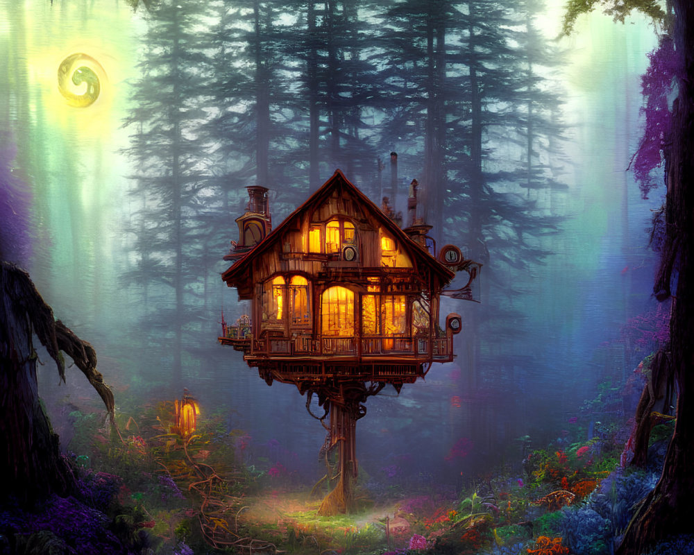 Enchanting forest treehouse under crescent moon