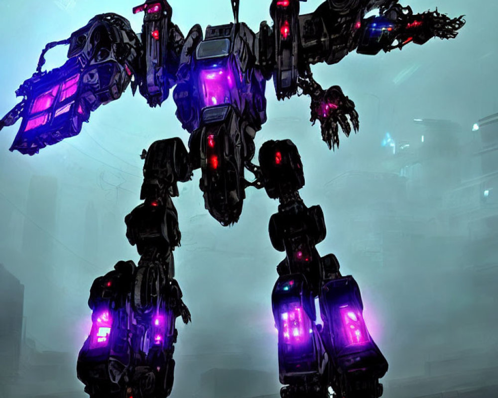 Glowing purple futuristic robot in sci-fi industrial setting