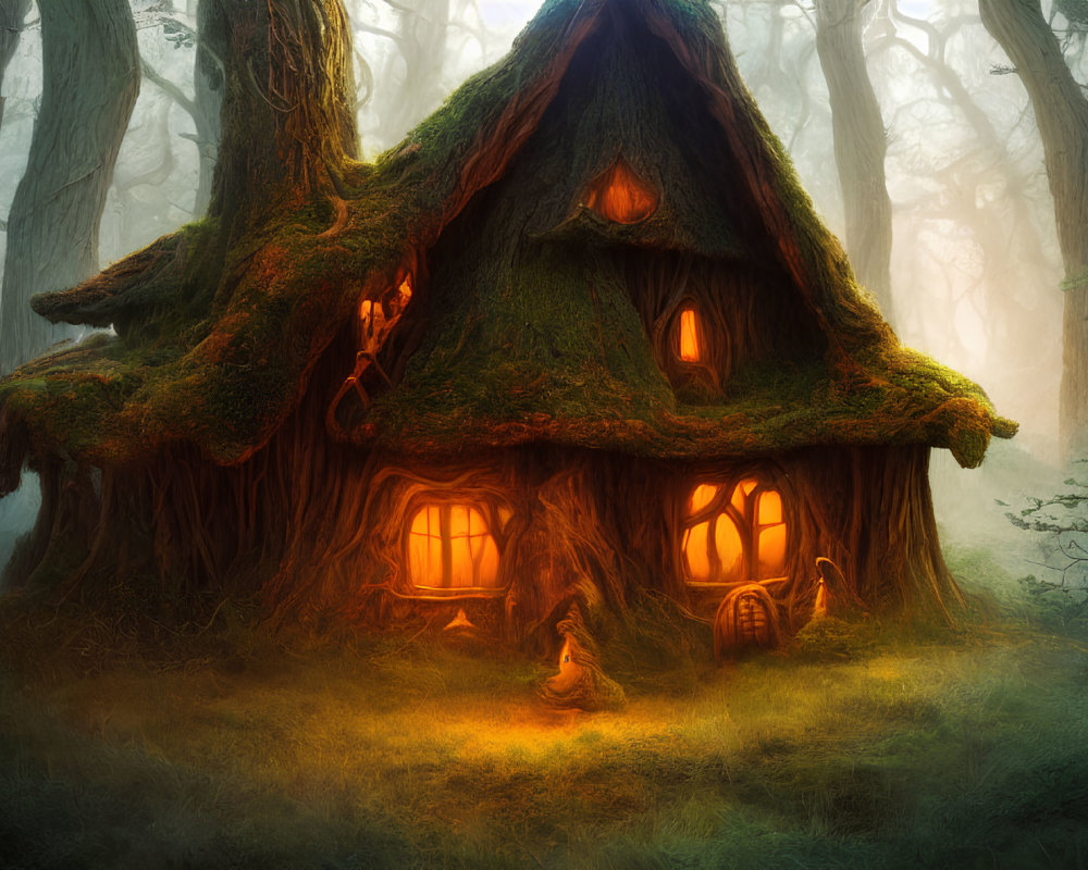 Moss-Covered Cottage in Misty Forest Glow