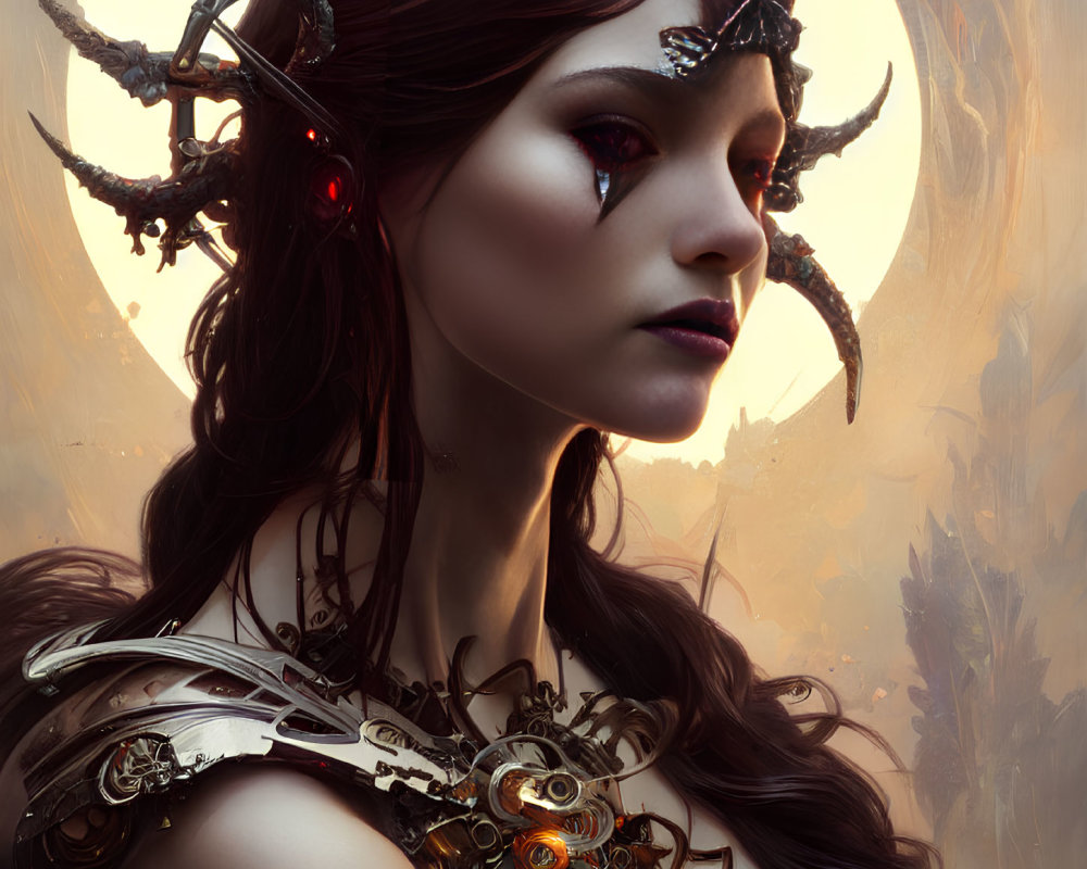 Fantasy portrait of woman with horned headpiece and glowing red eyes