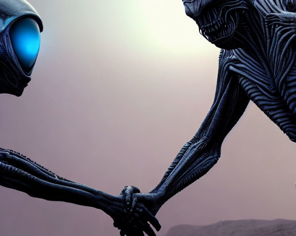 Blue-eyed alien holding human hand in dusky landscape symbolizes interspecies connection