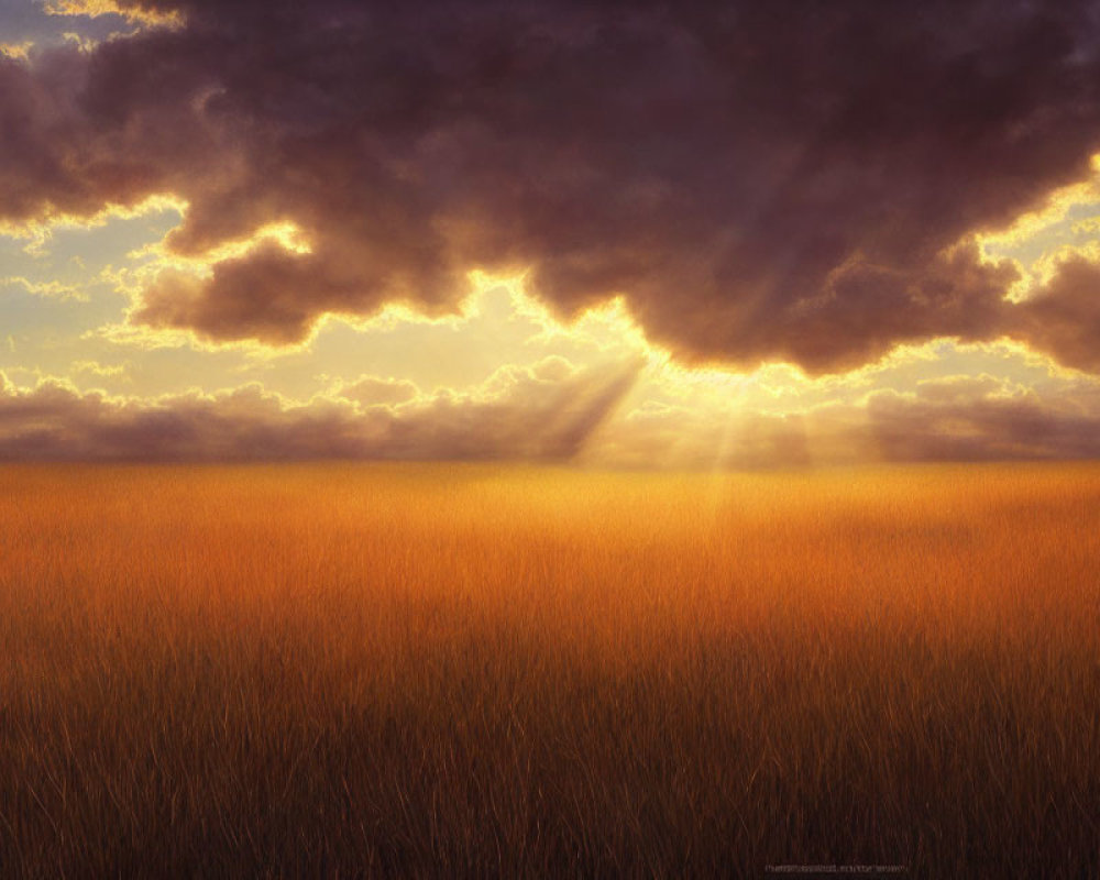 Tranquil field with tall golden grass under dramatic sky