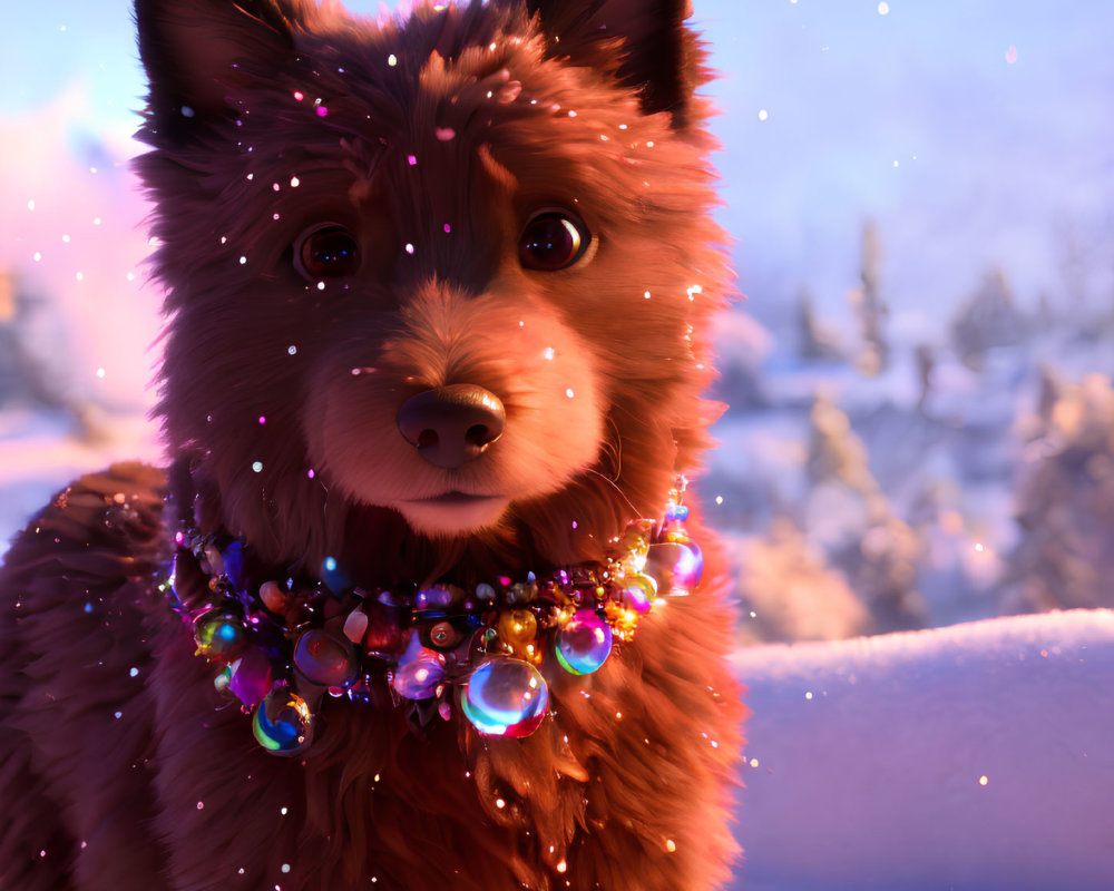 Fluffy brown dog with beaded necklace in snowy sunset scene