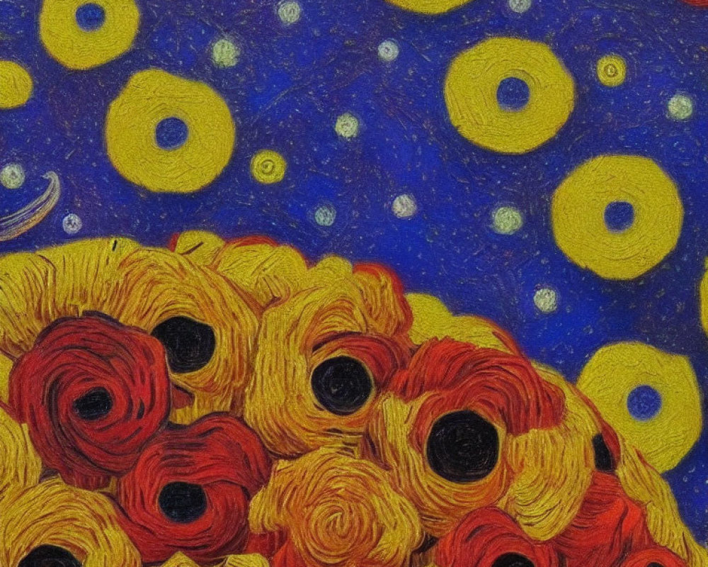 Vivid swirling starry night sky with crescent moon and golden-red flowers