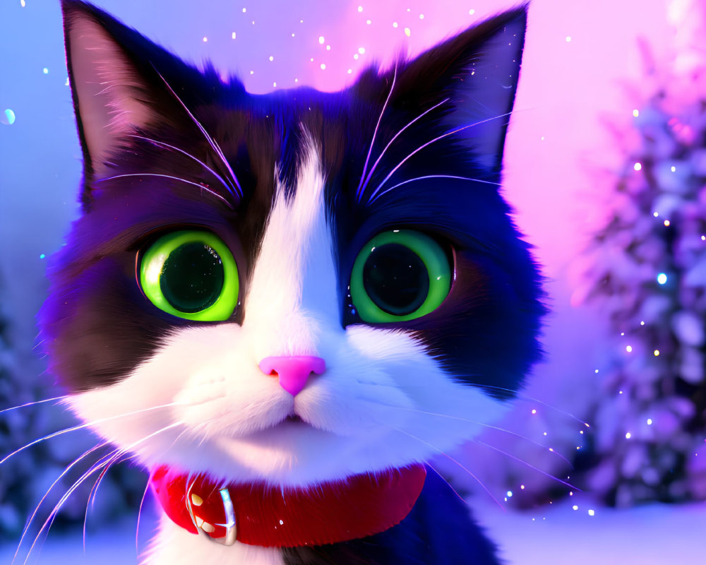 Close-up 3D-animated black and white cat with green eyes and red collar in snowy forest