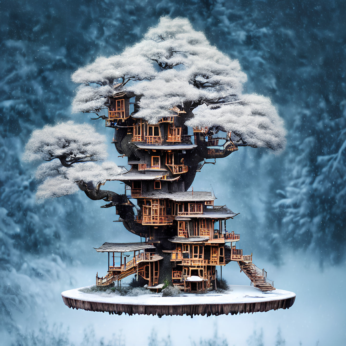 Snow-covered pine treehouse in wintry forest with falling snowflakes