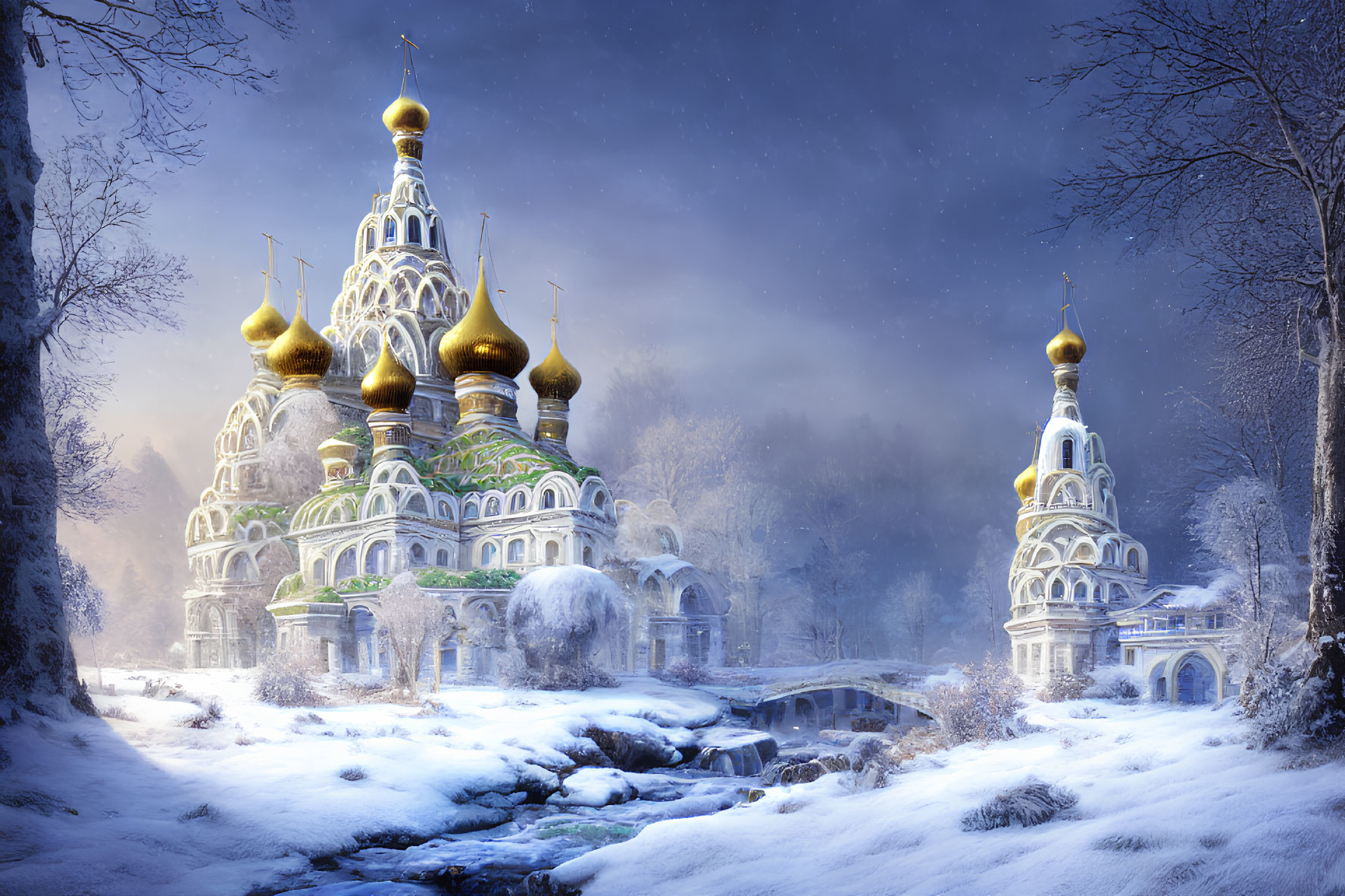 Snow-covered cathedral with onion domes in wintery forest beside stone bridge and twilight sky