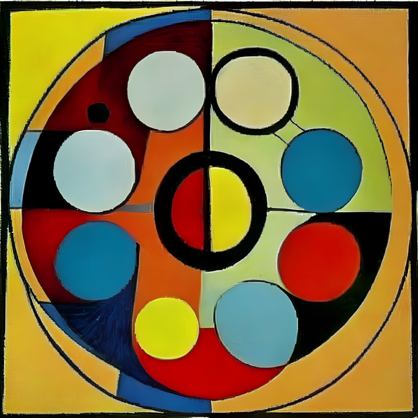 Vibrant abstract geometric painting with circular and curved shapes