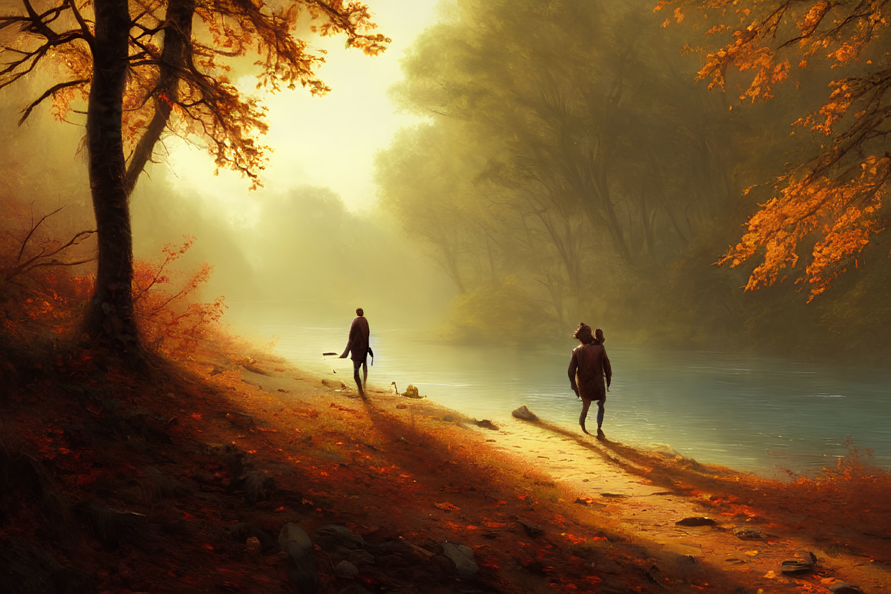 Tranquil autumn river scene with person and horse in misty sunlight