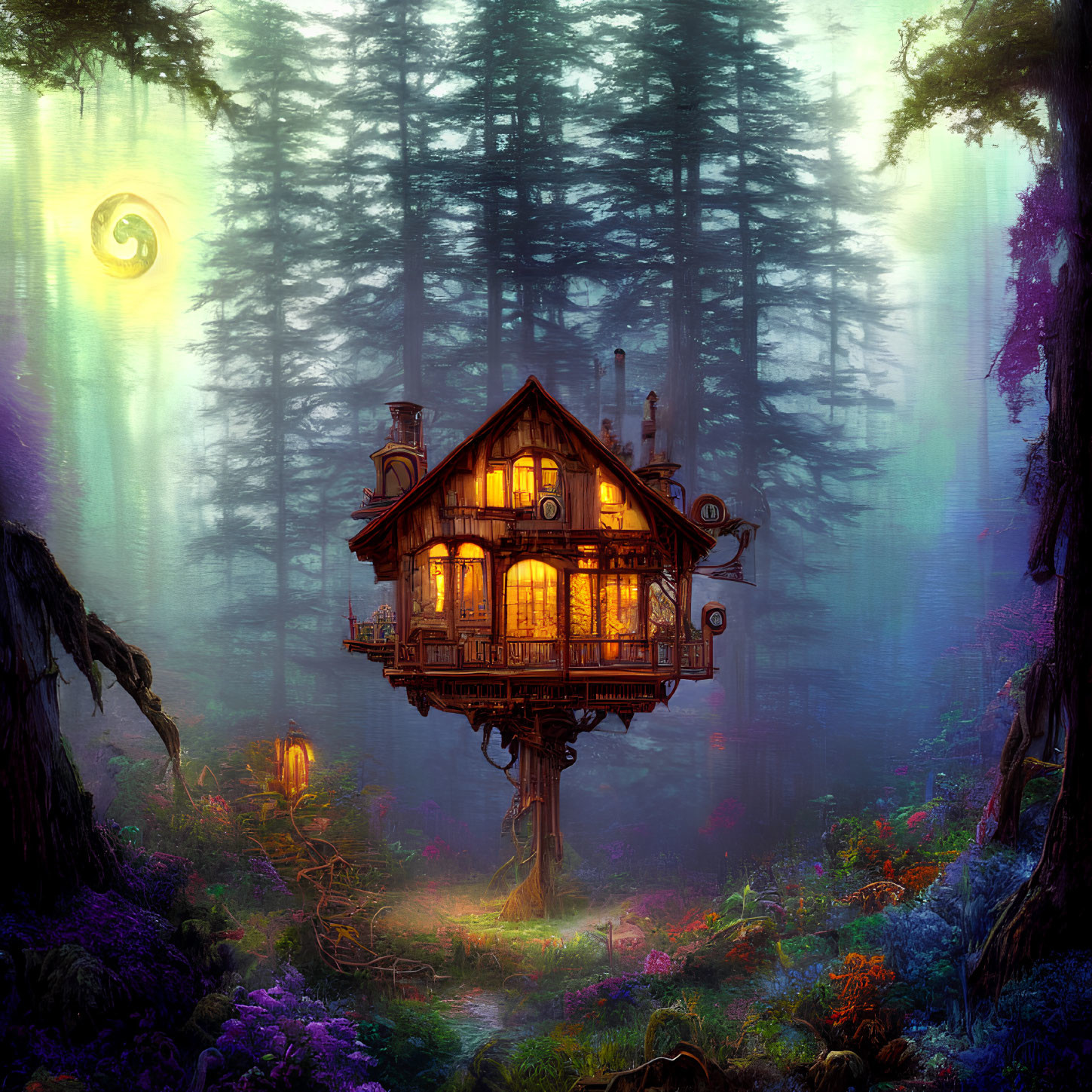 Enchanting forest treehouse under crescent moon