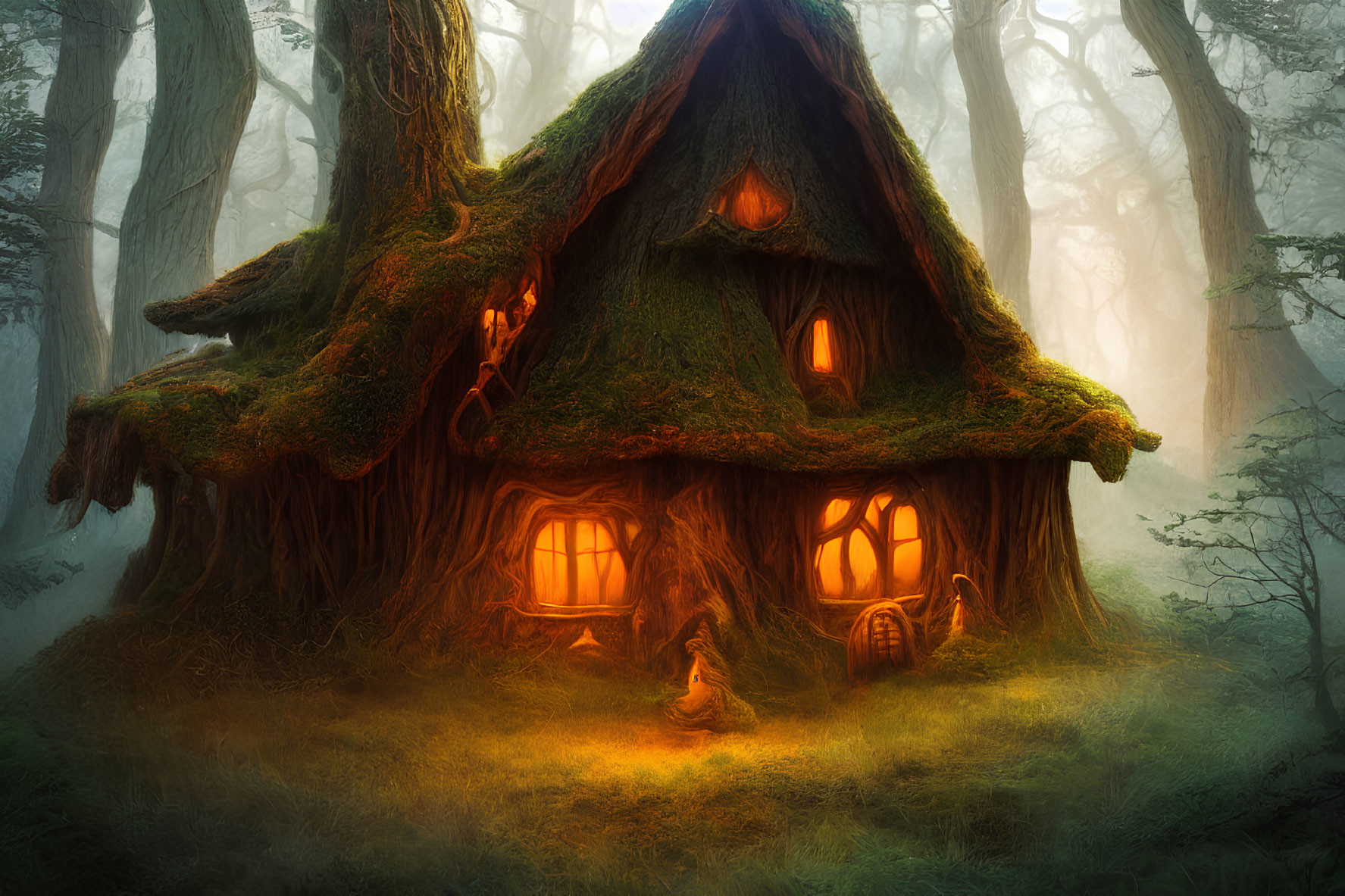Moss-Covered Cottage in Misty Forest Glow