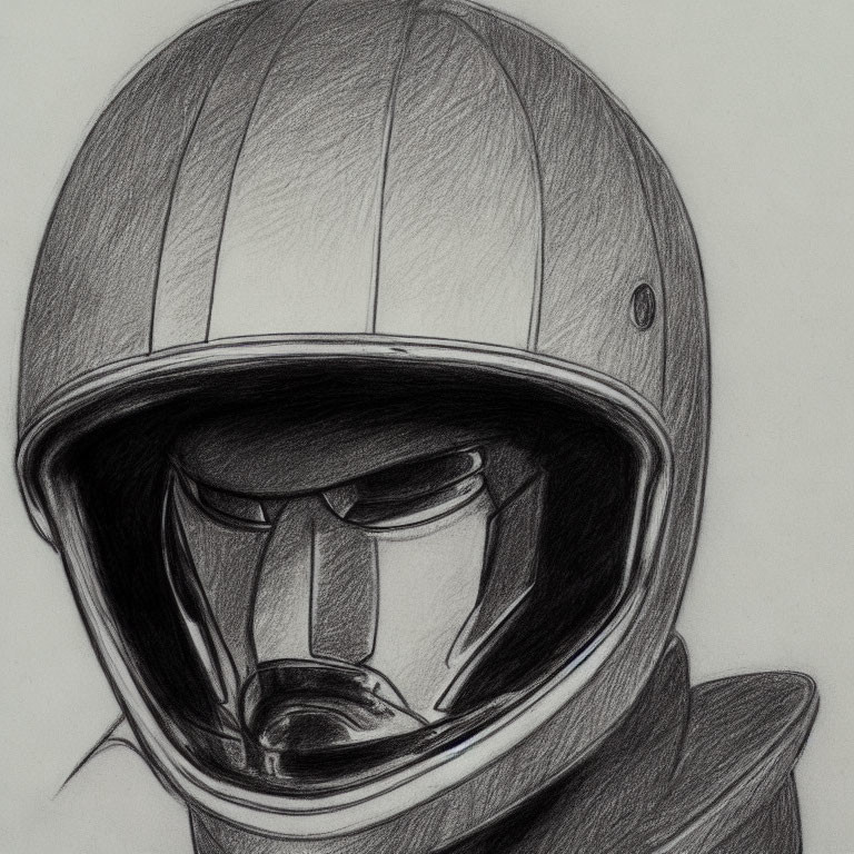 Detailed pencil sketch of person in full-face helmet with shading.