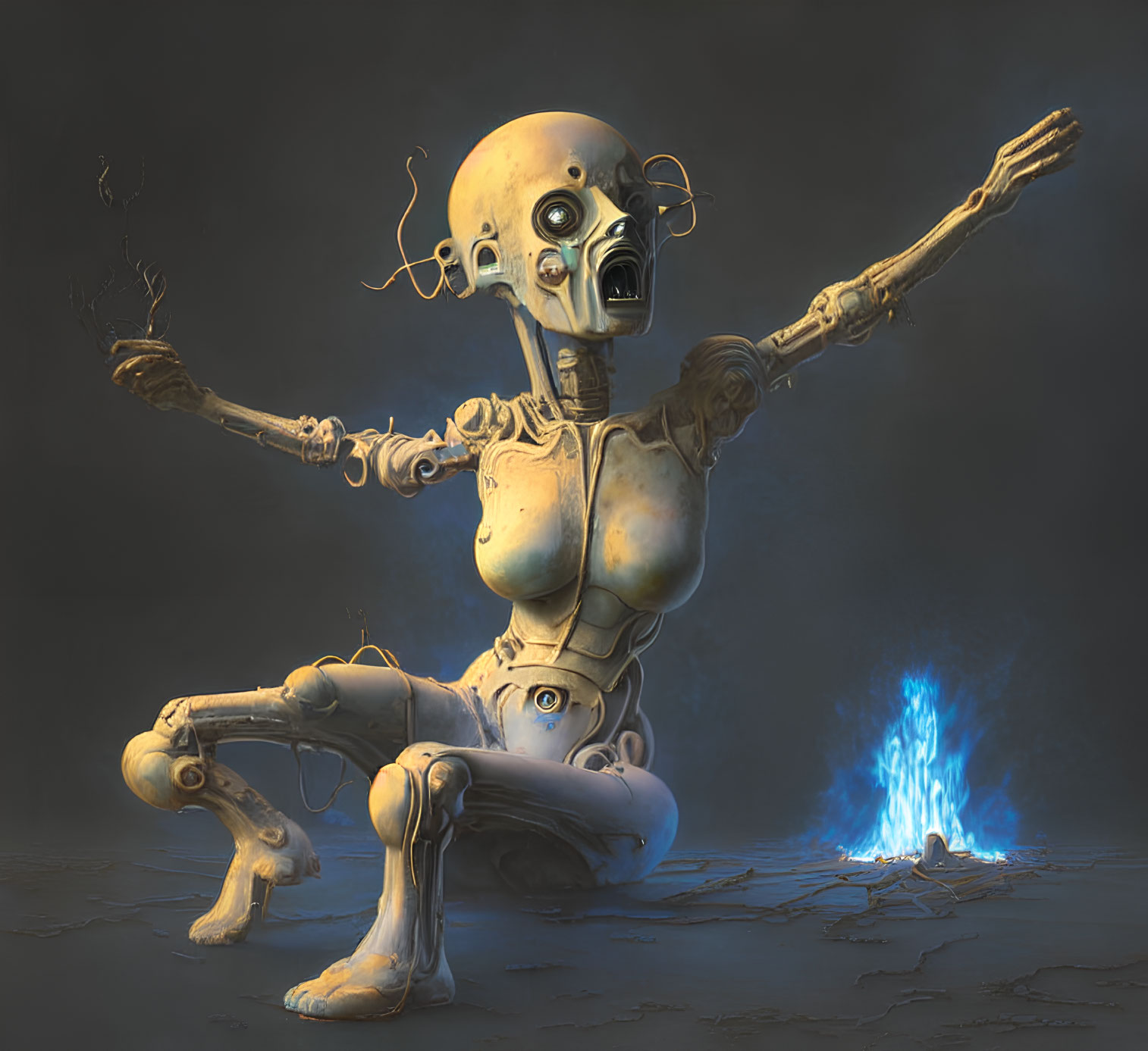 Distressed humanoid robot beside small blue flame in despair
