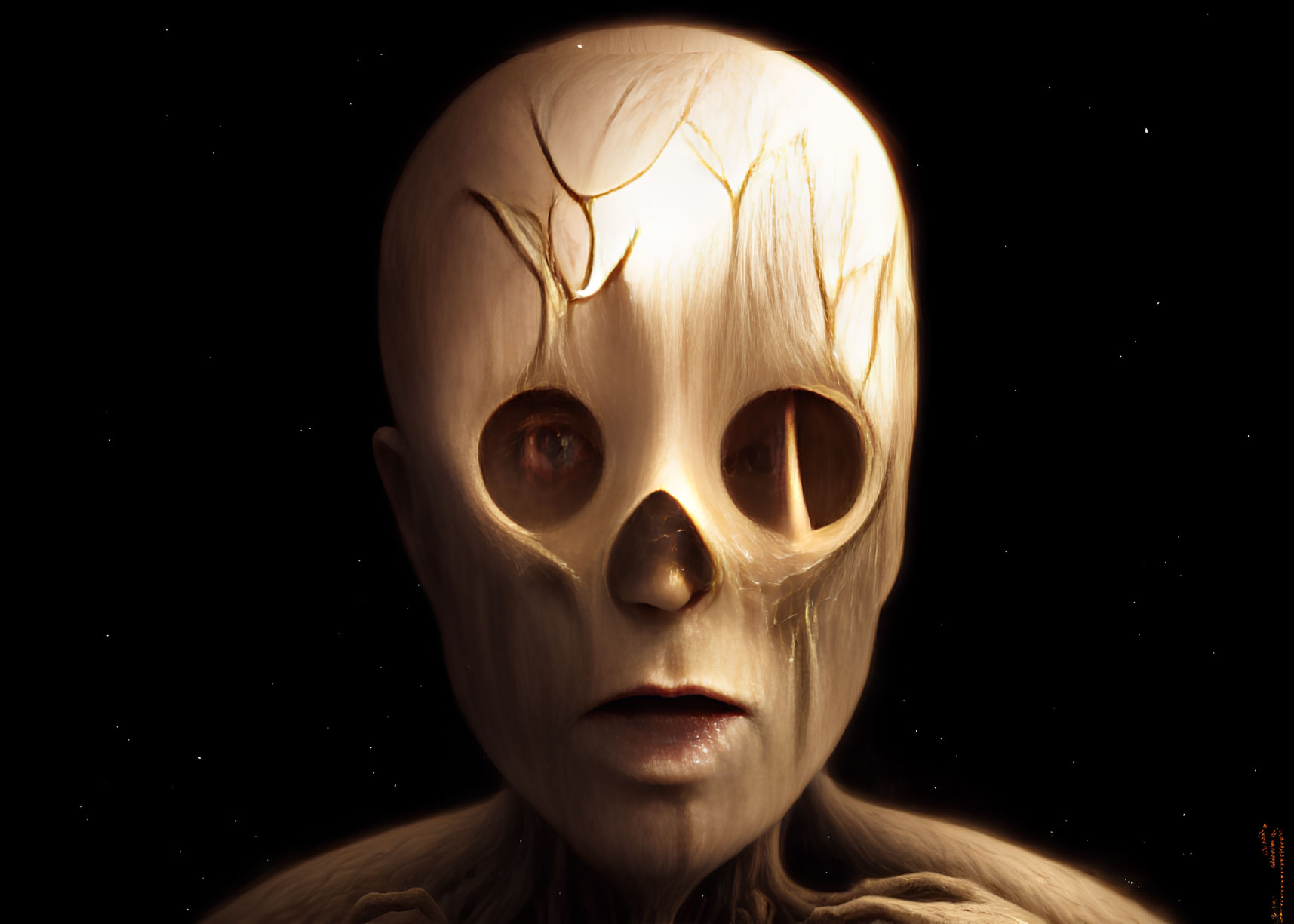 Digital artwork of humanoid figure with bald head and black eyes against black background