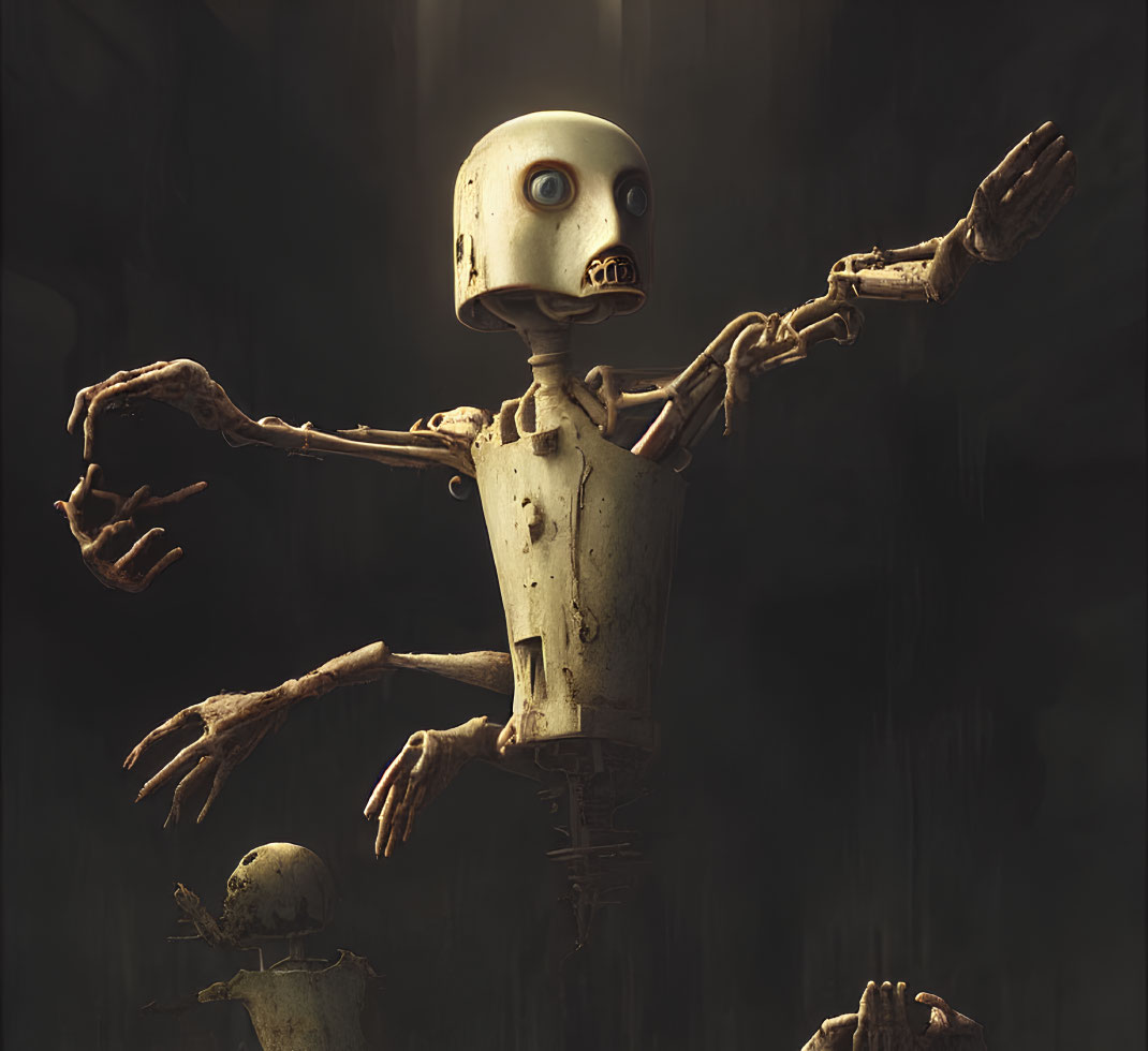 Anthropomorphic robot with humanoid skull head in dramatic pose
