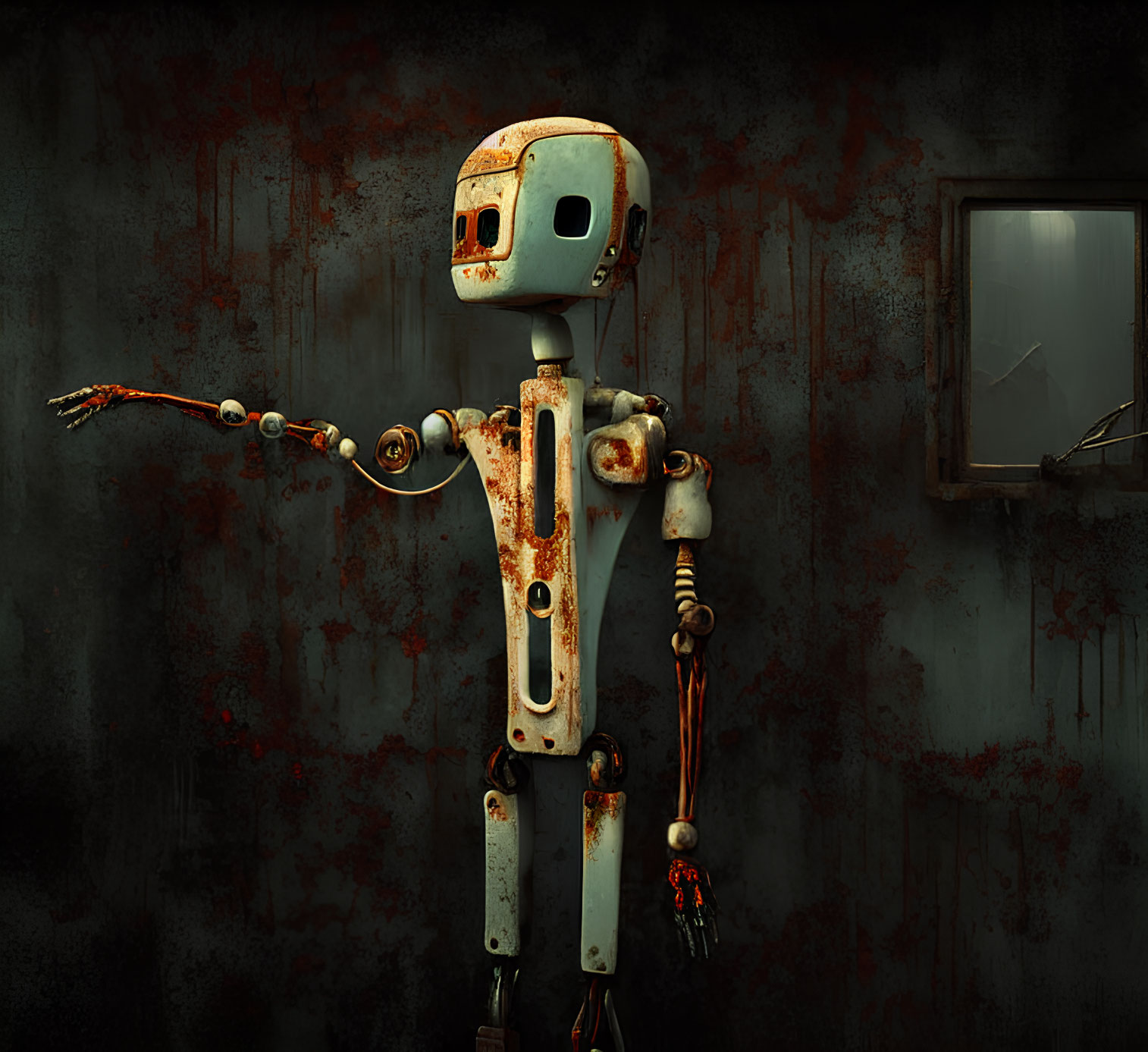 Rusty humanoid robot with expressive face against corroded wall