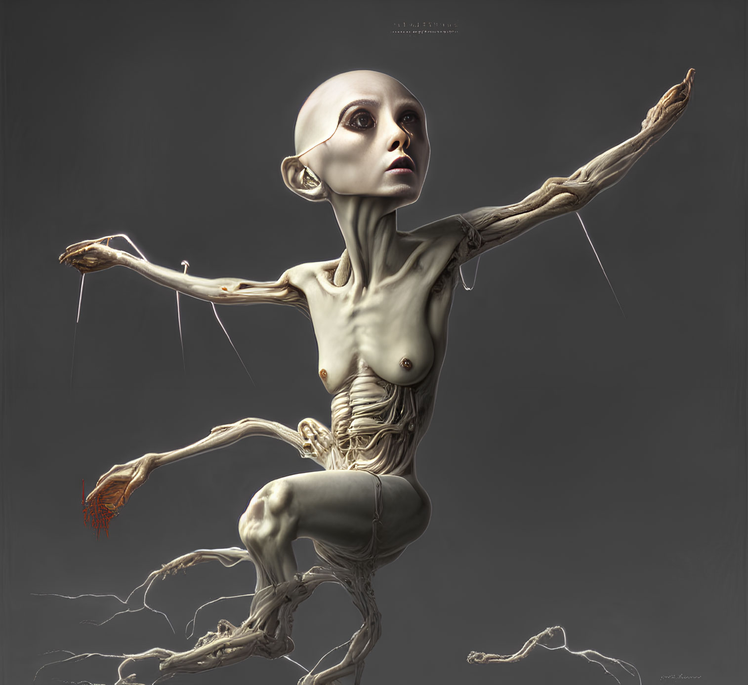 Surreal humanoid figure with elongated limbs and puppet-like strings on pale skin.