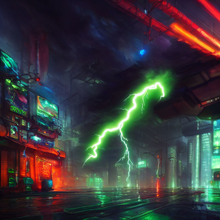 Futuristic neon-lit cityscape with lightning bolt amidst skyscrapers