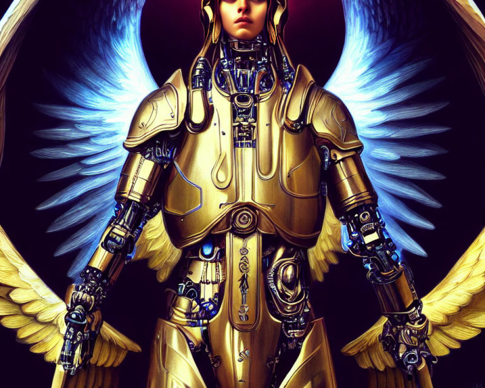 Digital artwork: Figure in golden armor with mechanical limbs and feathered wings on dark backdrop with red halo