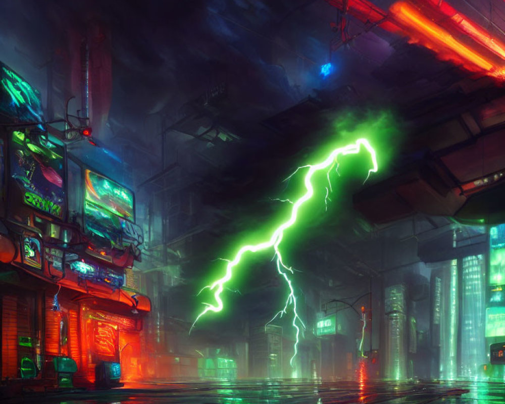 Futuristic neon-lit cityscape with lightning bolt amidst skyscrapers