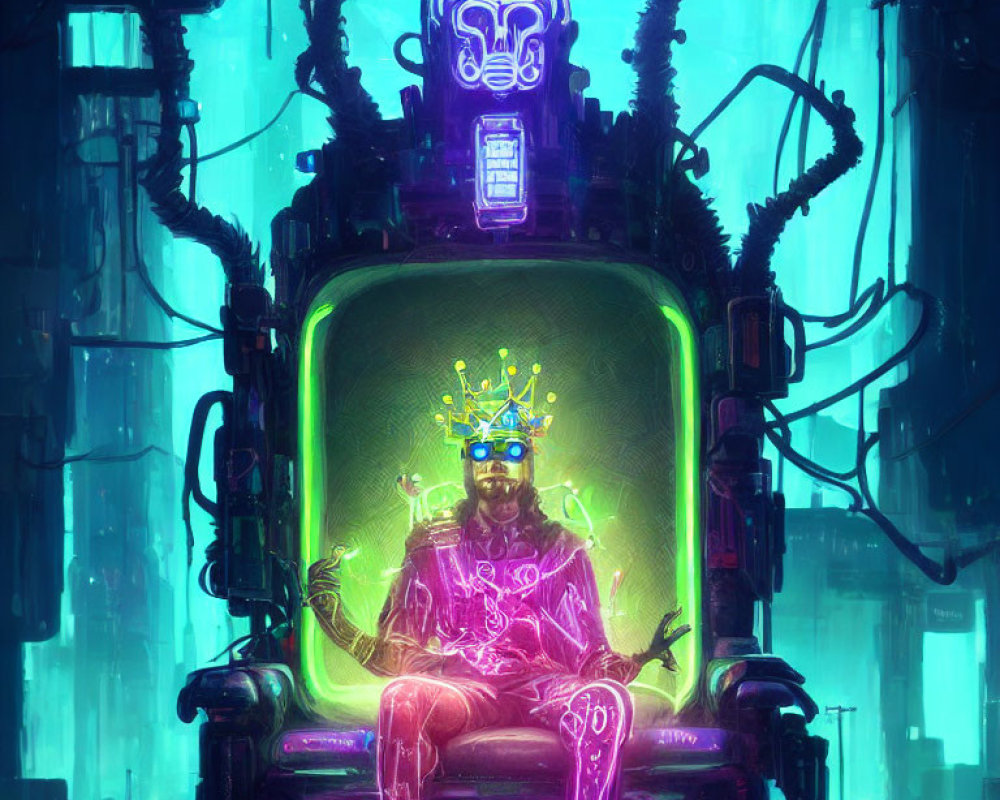 Regal figure with glowing crown on futuristic throne surrounded by neon lights