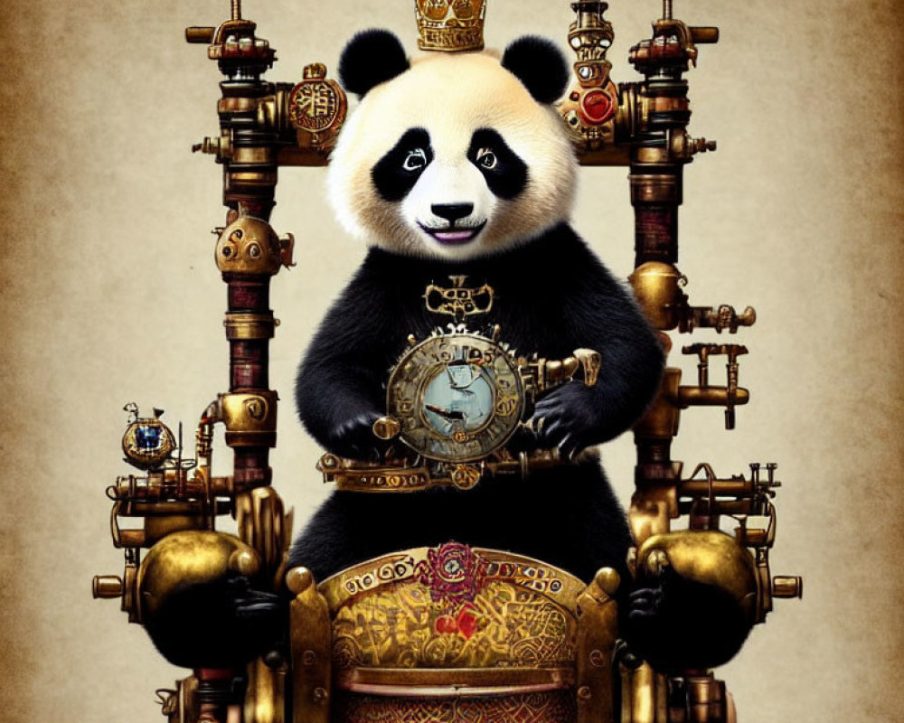 Regal panda with crown on steampunk throne with clock scepter