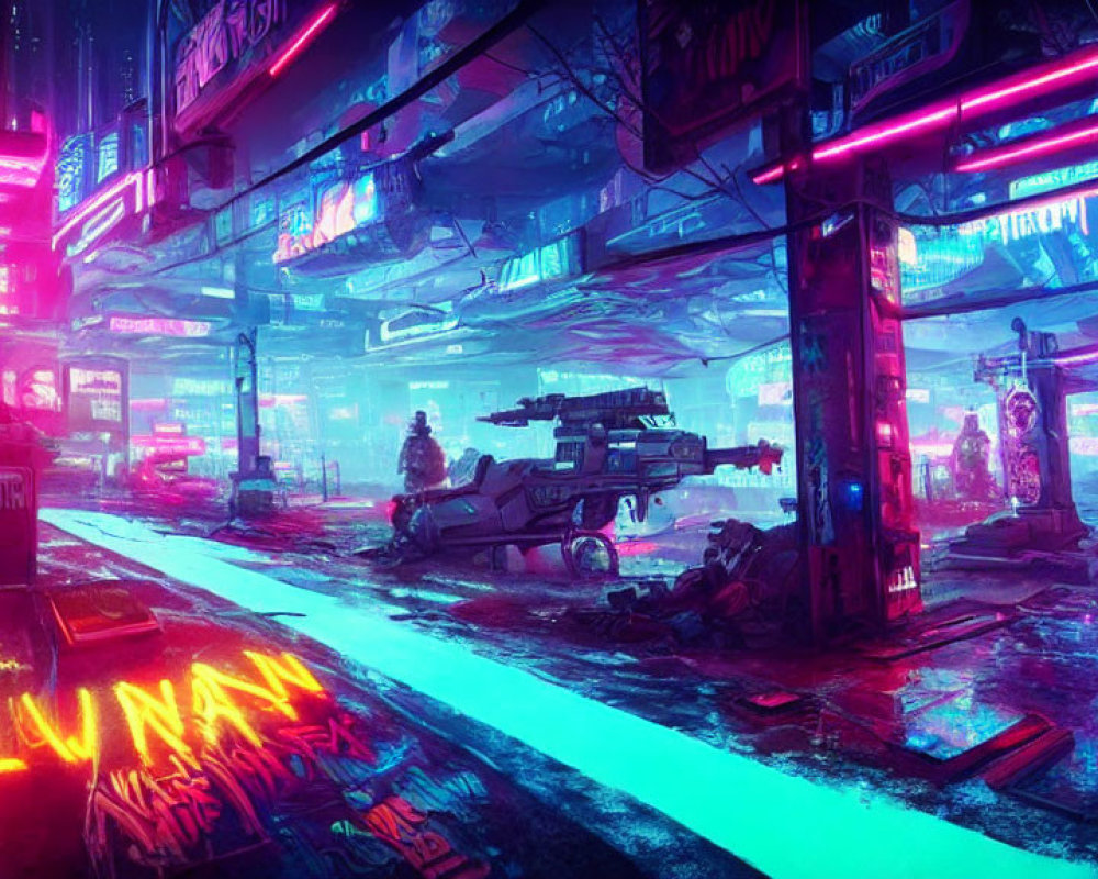 Futuristic cyberpunk cityscape with neon lights & bustling street