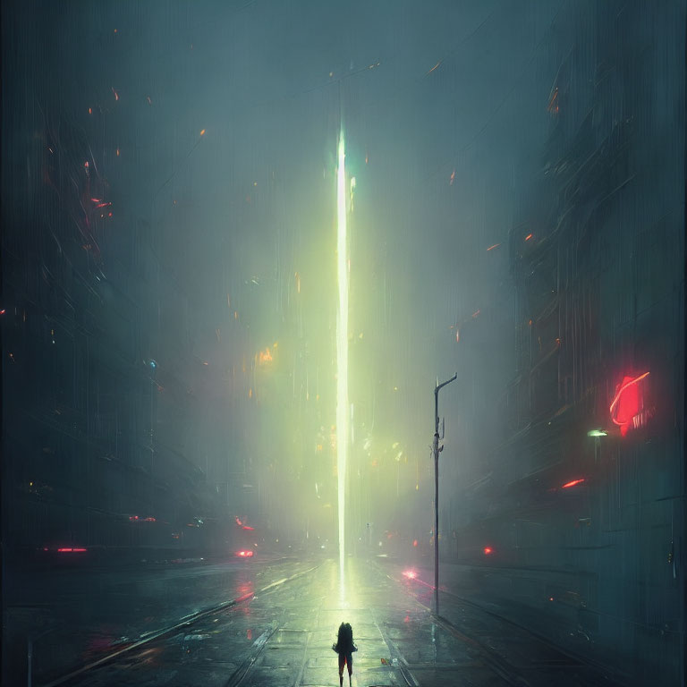 Figure on rain-soaked street gazes at illuminated skyscraper in futuristic cityscape