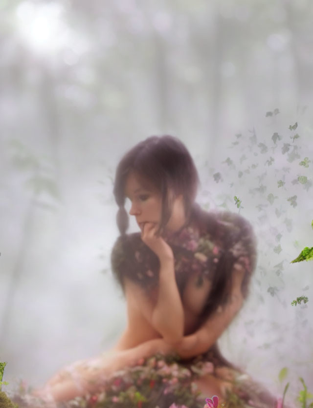 Contemplative person in misty setting with butterflies and floral attire