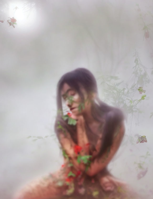 Person in Misty Setting with Blurred Foliage and Soft Light