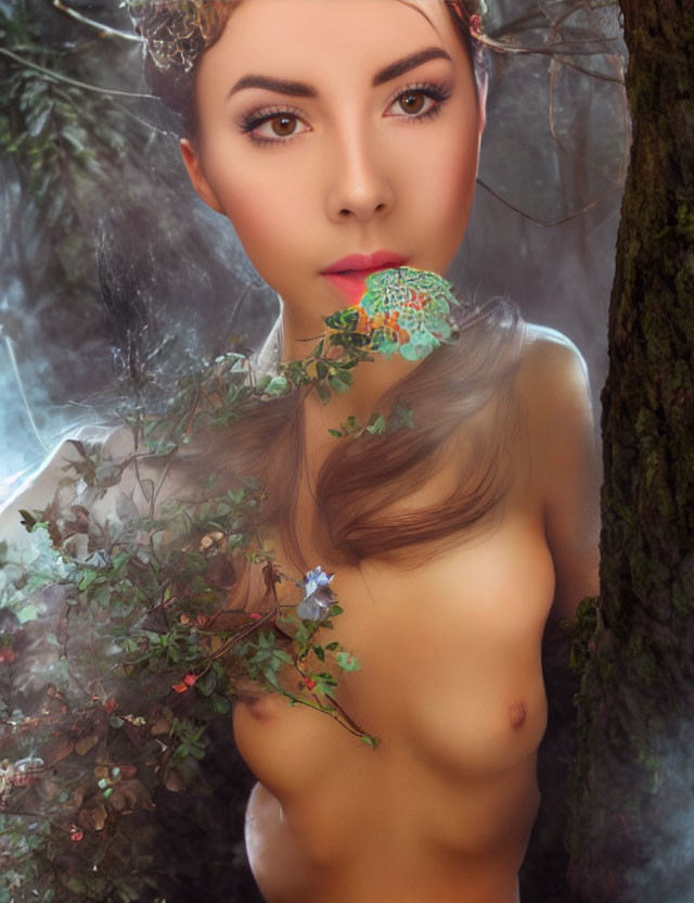 Portrait of a woman with foliage, flowers, and lace mask in mystical forest setting