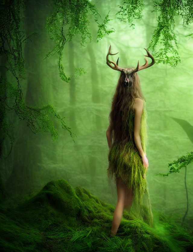 Mystical figure with deer antlers in enchanted forest setting