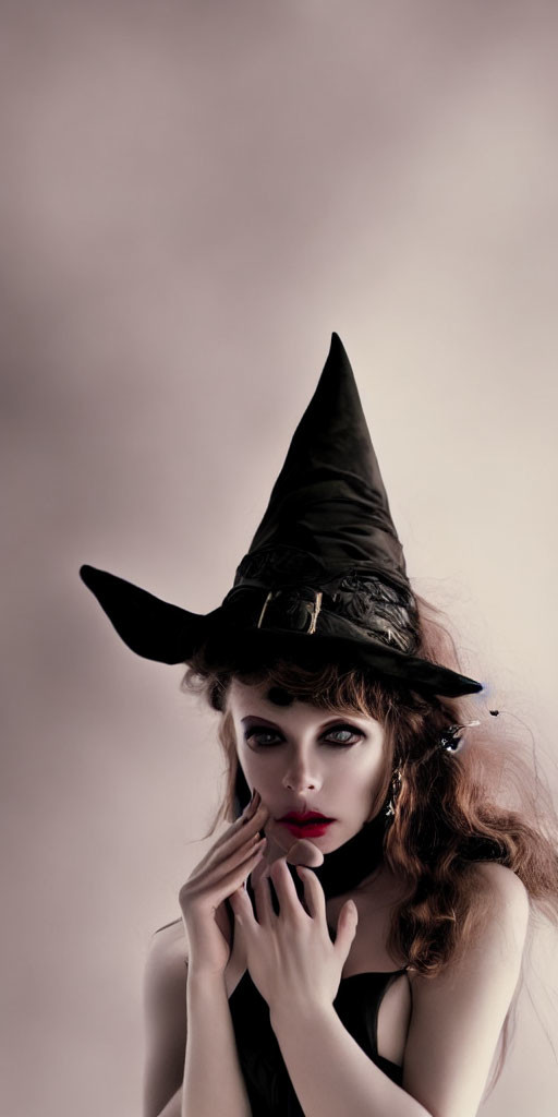 Pale-skinned person in witch's hat with dark lipstick on beige background
