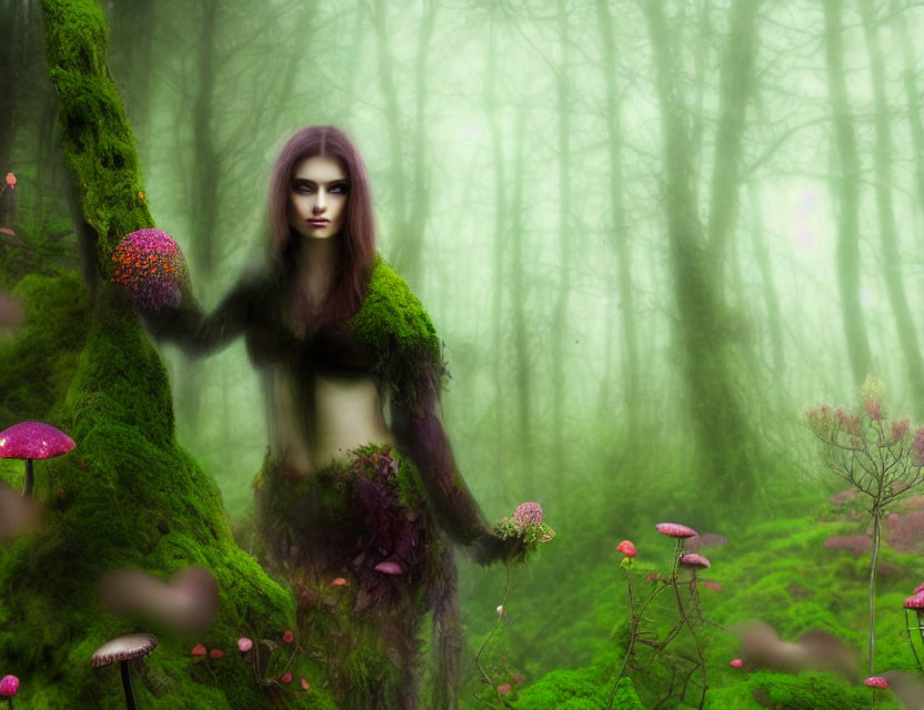 Purple-haired female figure in mossy forest with pink mushrooms and foggy background