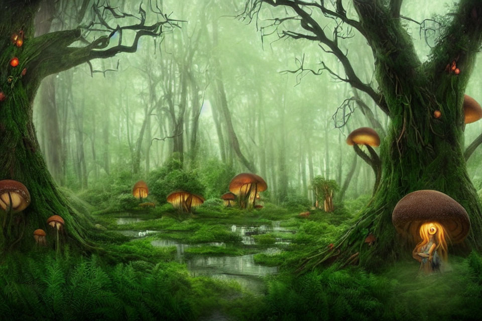 Enchanted forest with large mushrooms and twisted trees in a green haze