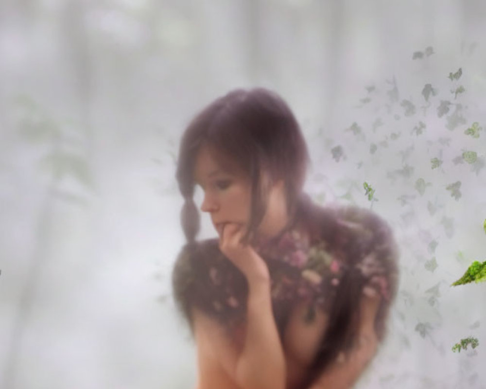 Contemplative person in misty setting with butterflies and floral attire