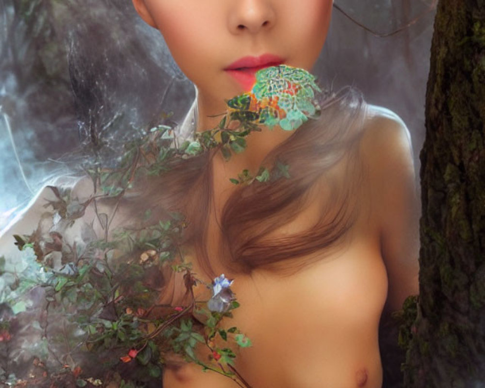 Portrait of a woman with foliage, flowers, and lace mask in mystical forest setting