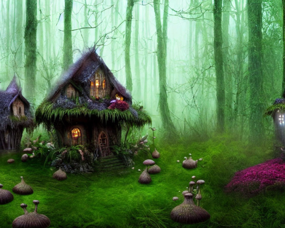 Whimsical thatch houses in fantasy forest with oversized mushrooms
