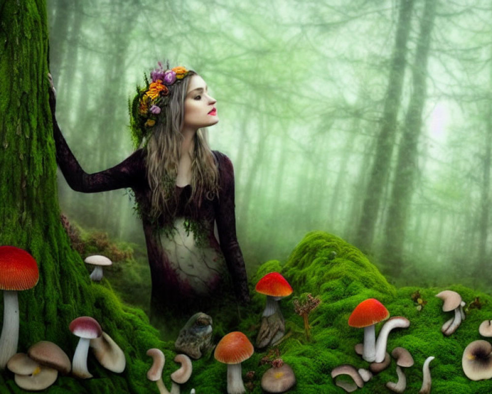 Woman in floral crown by misty forest tree and mushrooms