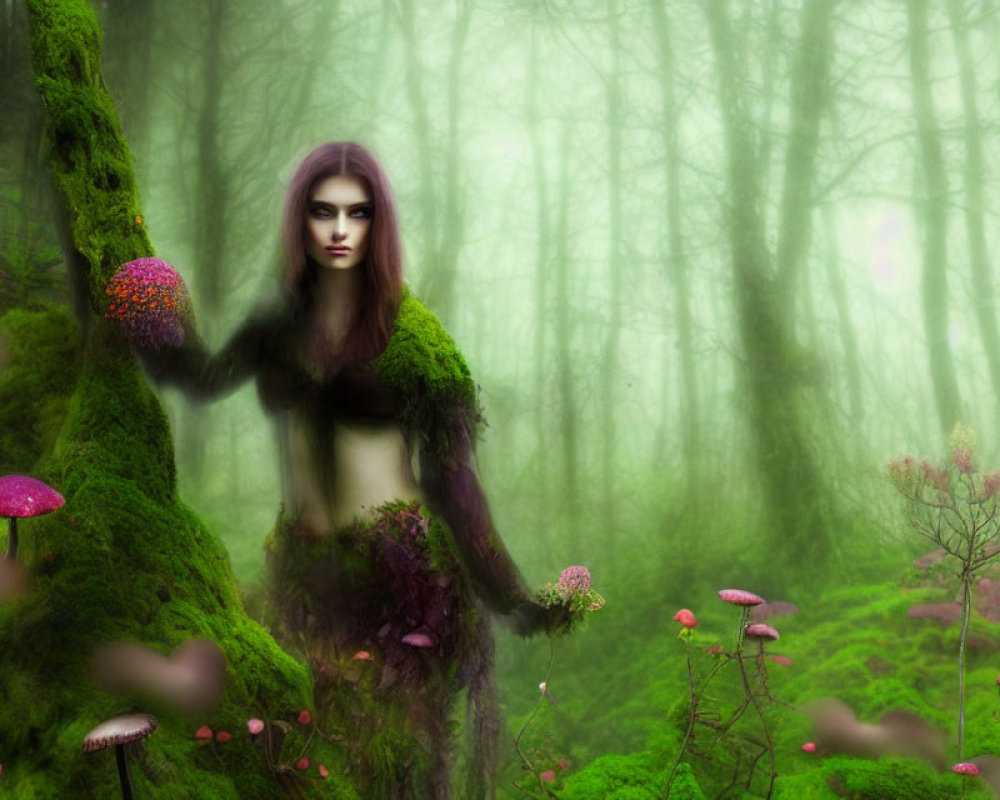 Purple-haired female figure in mossy forest with pink mushrooms and foggy background