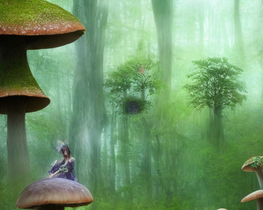 Enchanting forest scene with oversized mushrooms, tiny house, character, rabbits, and birds in mist