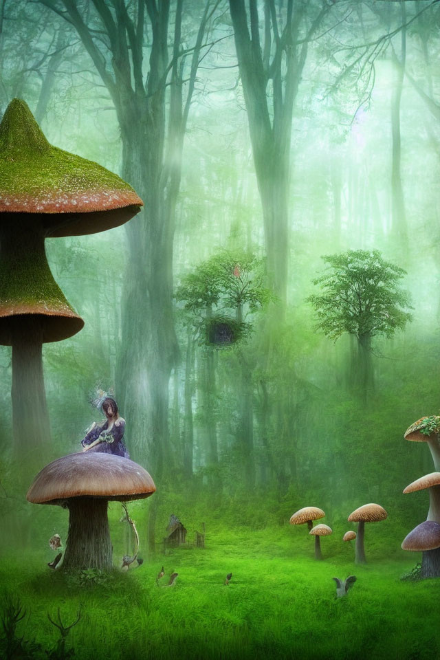 Enchanting forest scene with oversized mushrooms, tiny house, character, rabbits, and birds in mist